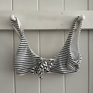 Mara Hoffman lace front bikini top; terry cloth, navy and white stripes.